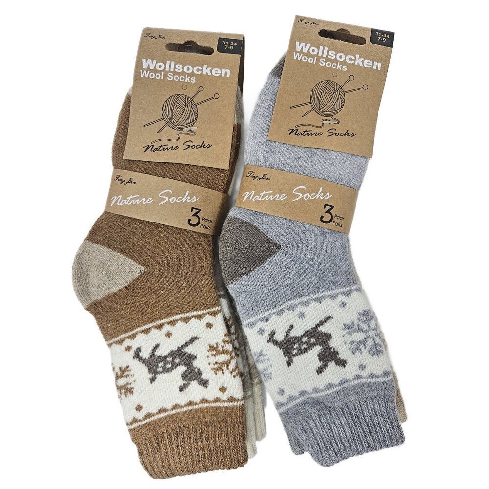 Kids Wool Socks 6-Pack, Ages 7-9, Warm Nature Design, Deer & Snowflake Print NEW